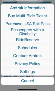 Amtrak schedules menu from the App